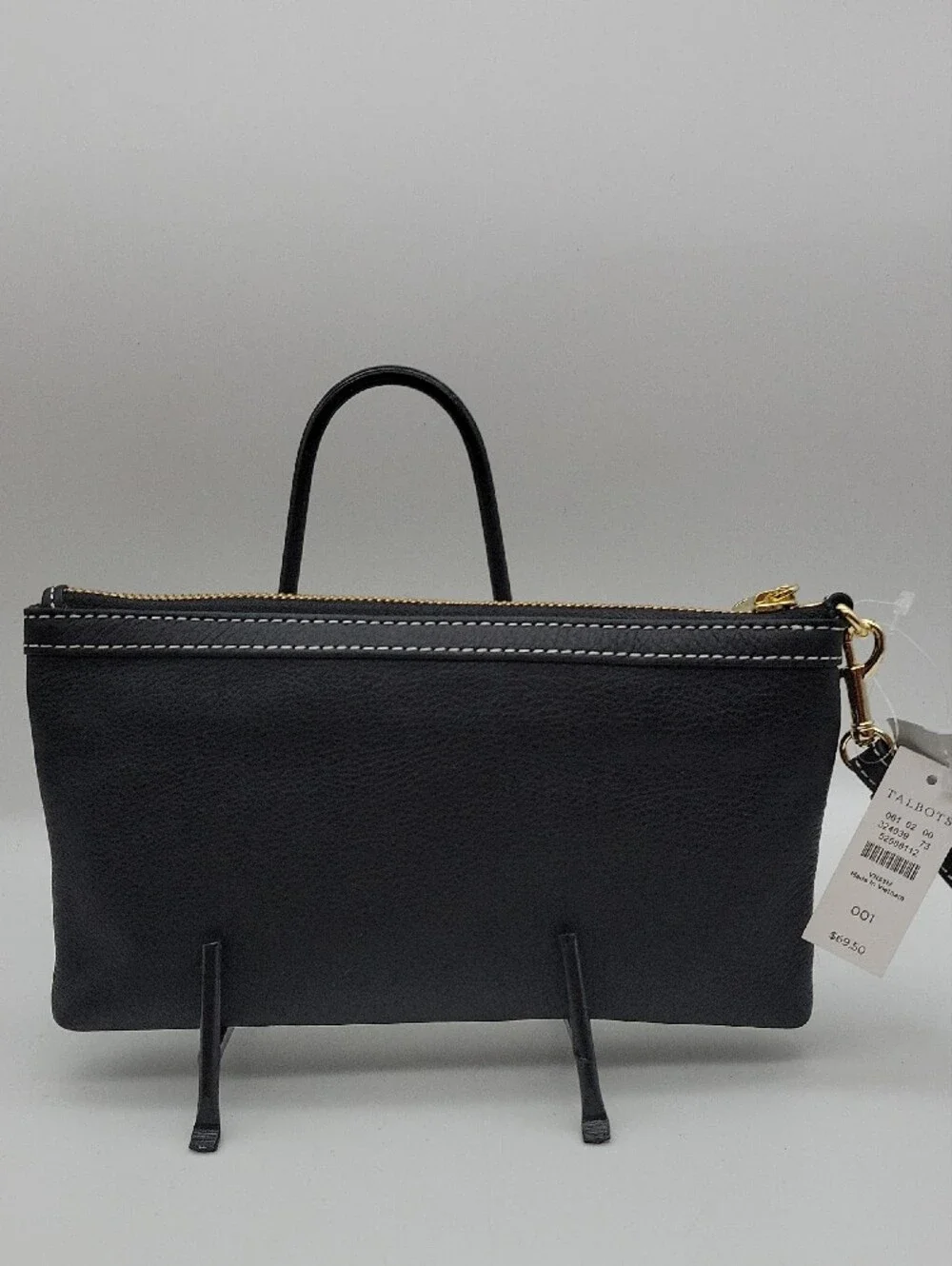 Talbots Black Leather Wristlet Clutch with White Stitching and Gold Hardware
